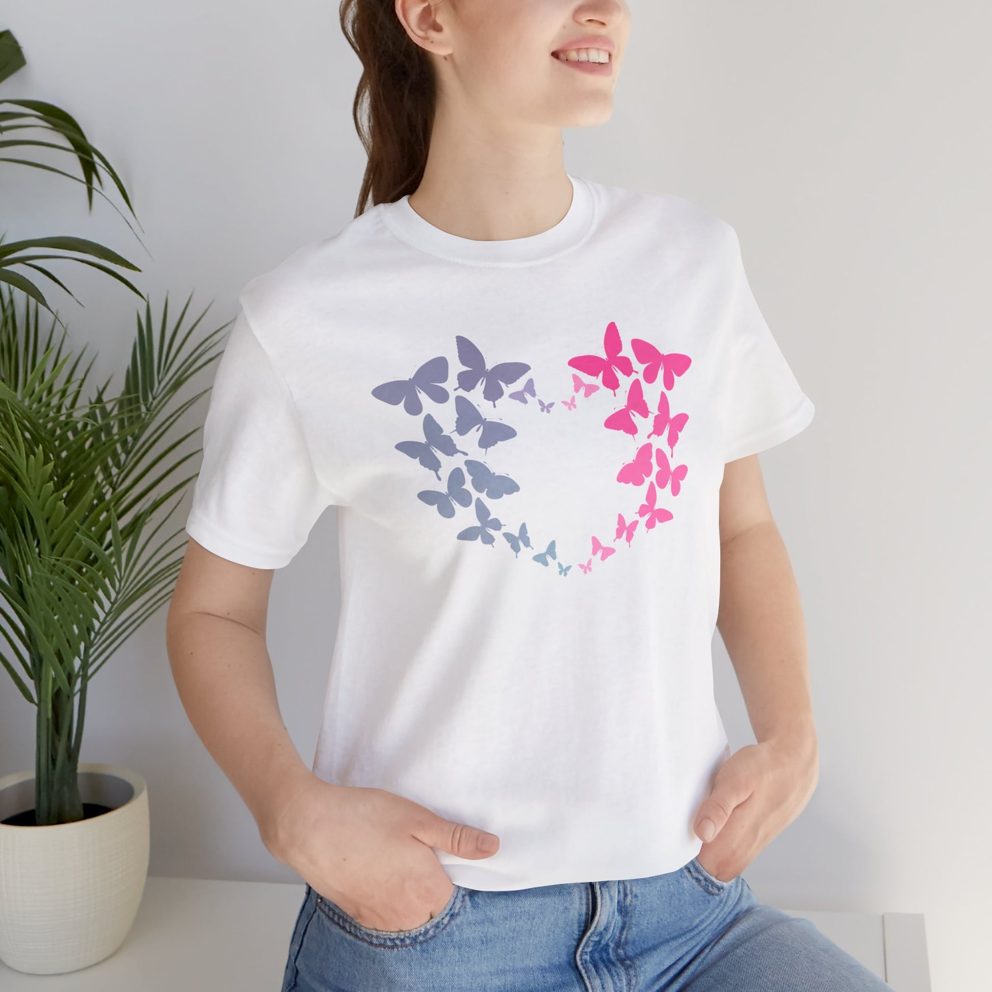 Grey and Pink Butterfly Heart - Soft Cotton Adult Unisex T-Shirt, Gift for friends and family, Gift for friends and family by clothezy.com - Buy Now