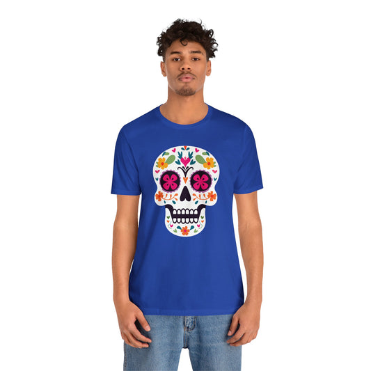 Colourful Calavera Skull - Soft Cotton Adult Unisex Graphic Tee by clothezy.com in Grey Heather Size Small - Buy Now